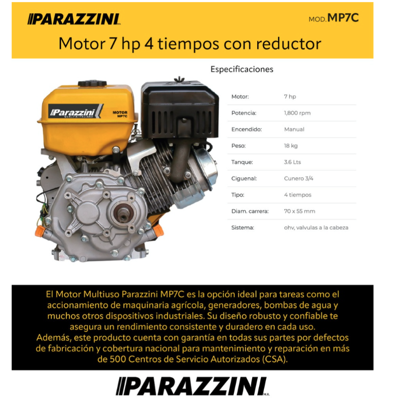 Motor A Gasolina Parazzini 7Hp 4 Tiempos Con Reductor De 3800 Rpm A 1800 Rpm